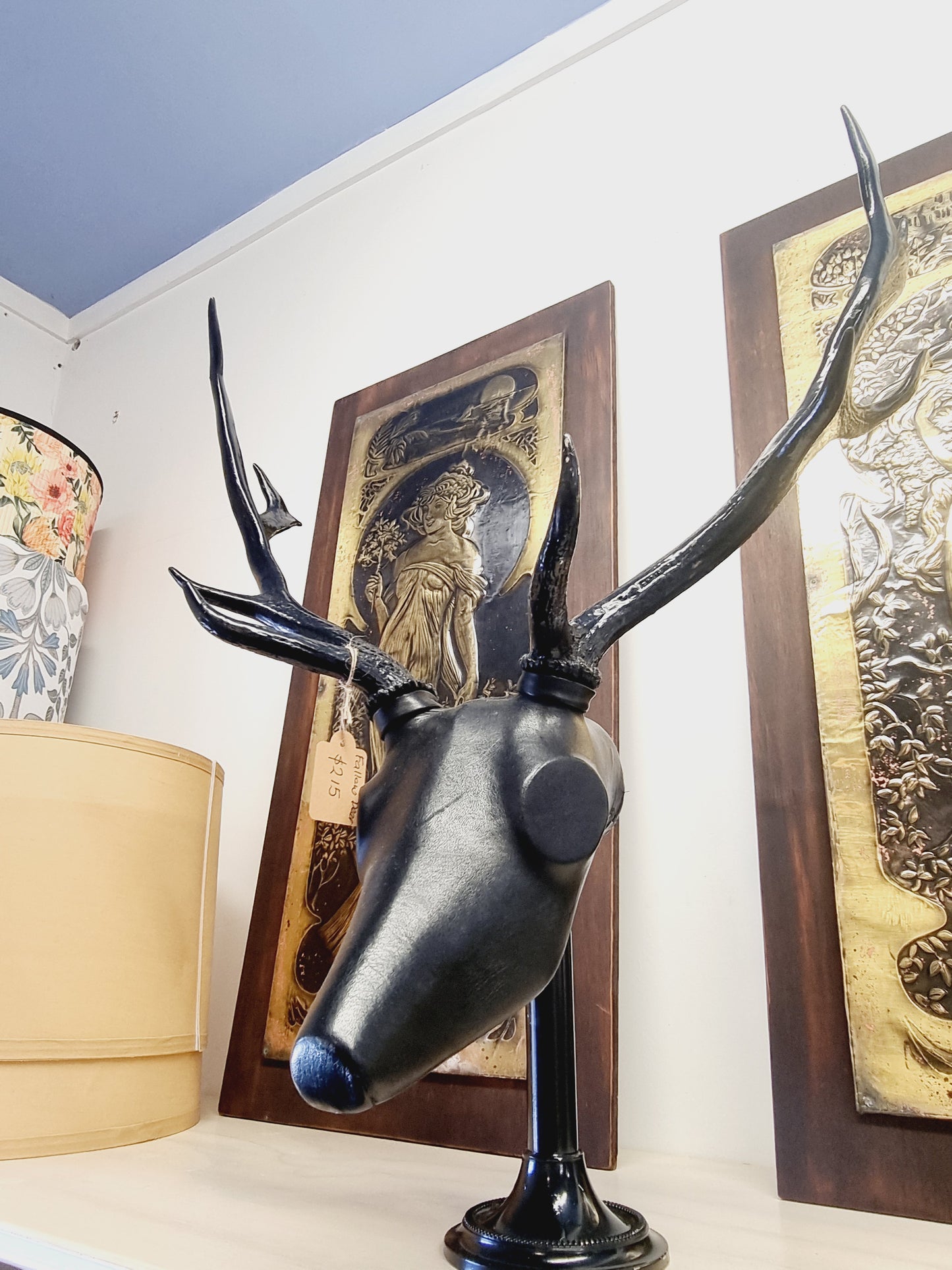 Fallow deer with black leather - decorative black stand