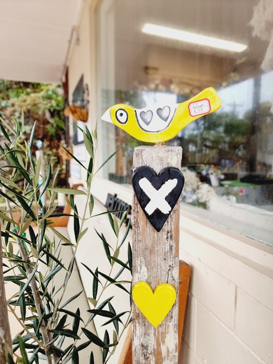 Garden Totem - Yellow Bird with Black and White Hearts