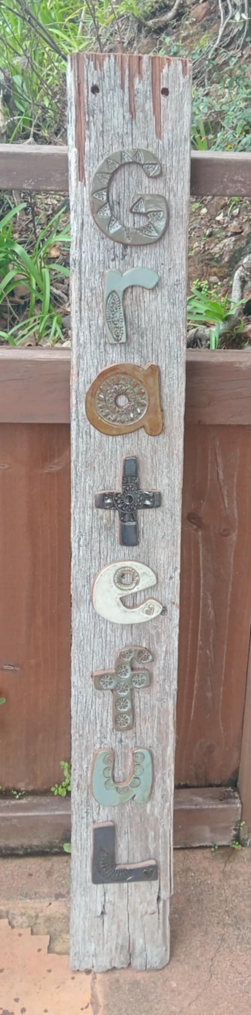 Recycled totara post 'GRATEFUL' - Paula Saunders
